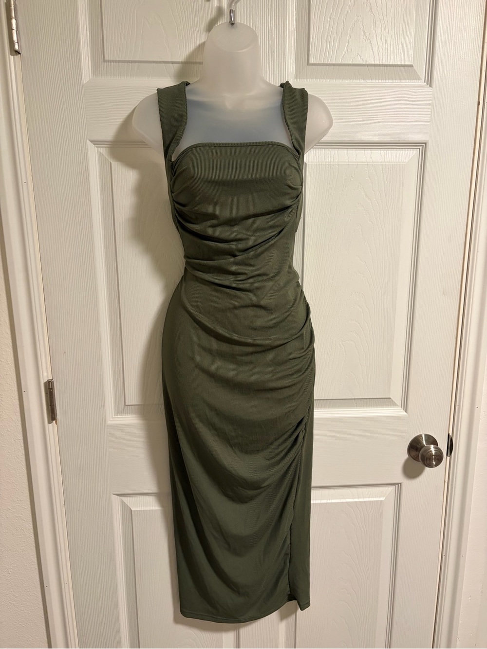 Cider Olive Green Ruched Midi Dress for Women